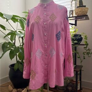 J. Jill Pink 100% LINEN Button-Down Tunic LG NWOT (Embroidery details in poly)